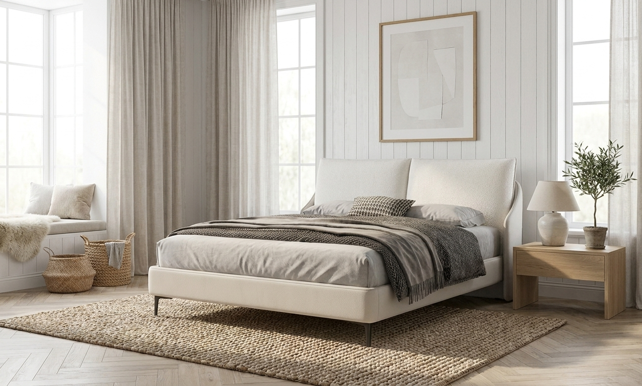 Cama Tecido e PVC Detalhe Cabeceira Contraste | Quarto Design Moderno Minimalista | BeInside