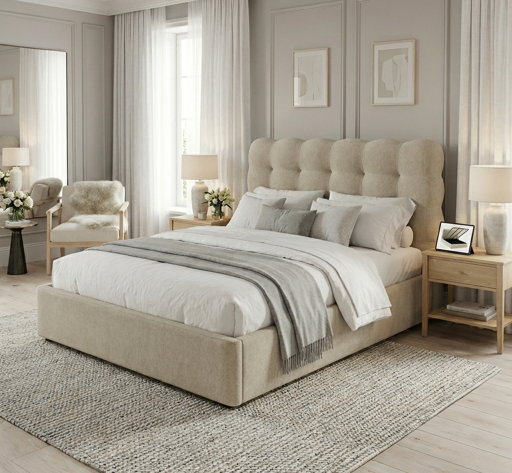 Cama com Arrumação King Size 180x200 Tecido | Cabeceira Estofada com Sistema de Arrumação Integrado | BeInside