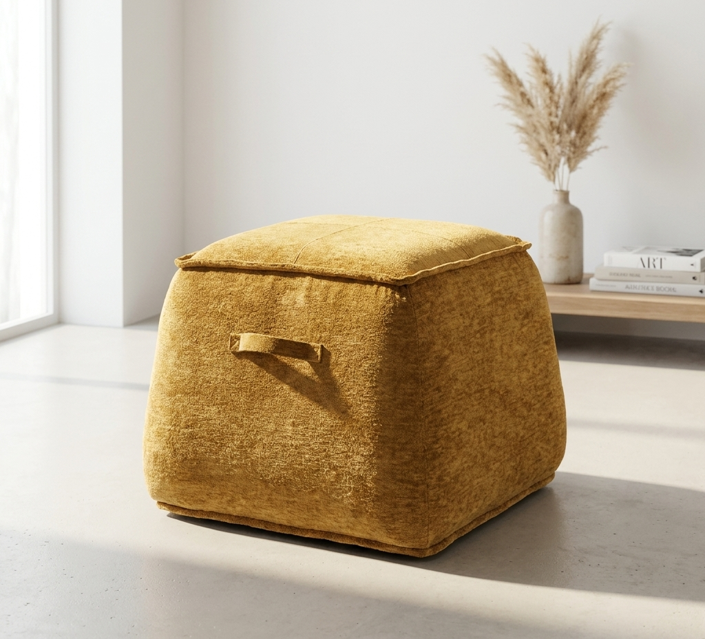 Puff Quadrado Portátil Bouclé Mostarda com Pega | Decoração Sala de Estar | BeInside