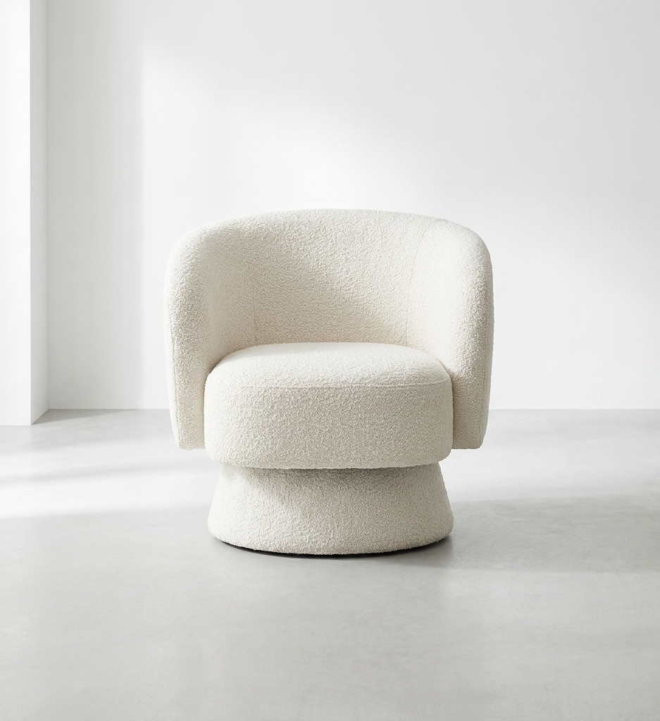 Poltrona Giratória Bouclé Branco Assento Amplo Base Giratória | Cadeira Design Sala de Estar | BeInside