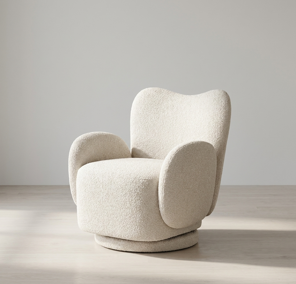 Poltrona Giratória Bouclé Branco Braços Envolventes | Cadeira de Descanso Design Sala de Estar | BeInside