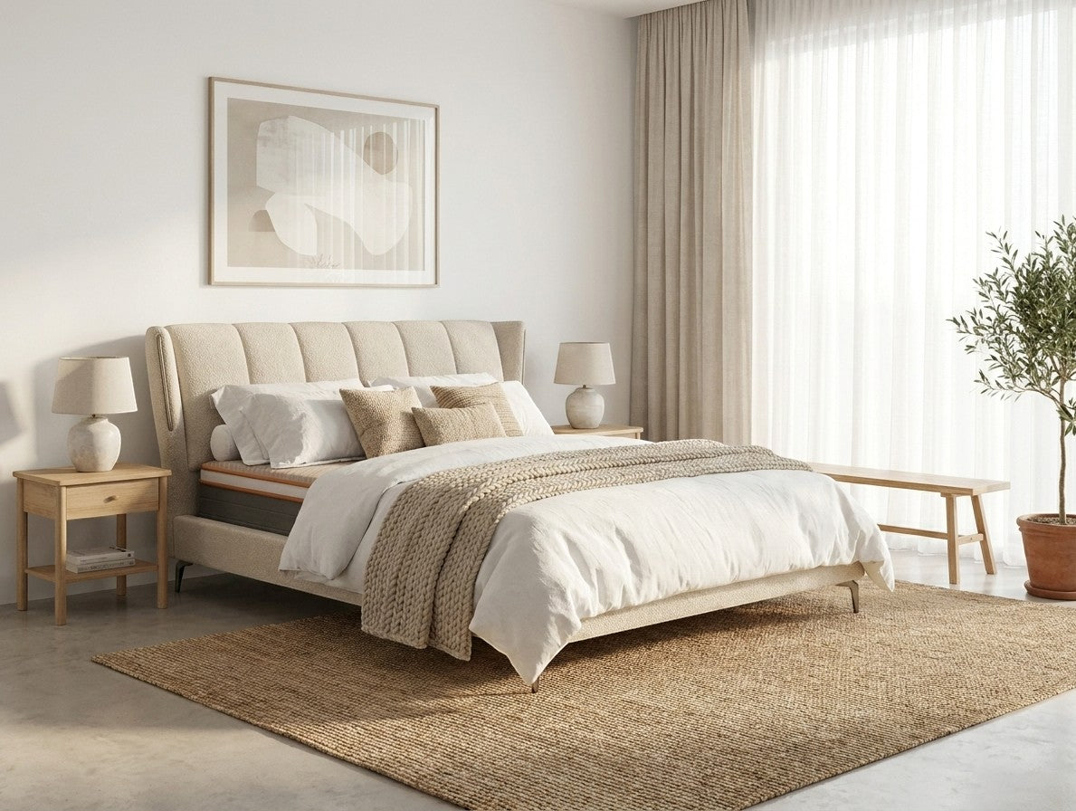 Cama Estofada com Luz LED Detalhe Iluminação Cabeceira | Quarto Atmosfera Elegante | BeInside