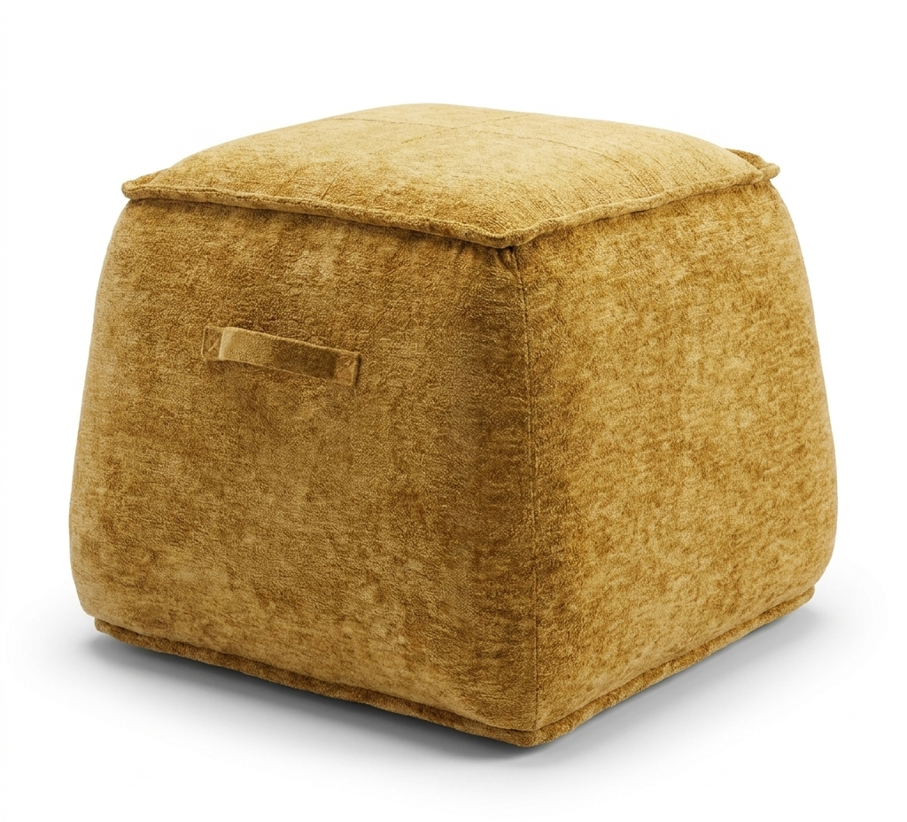 Puff Quadrado Portátil Bouclé Mostarda com Pega | Vista de Ambiente | BeInside