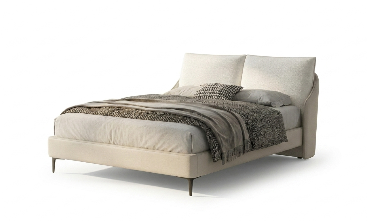 Cama Estofada Tecido e PVC 160x200 Pés Pretos | Vista de Ambiente em Quarto Moderno | BeInside