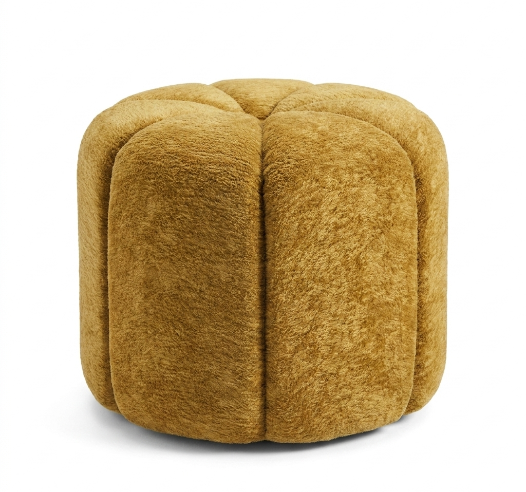 Puff Redondo Bouclé Capitonê Floral Mostarda | Detalhe Textura Premium | BeInside