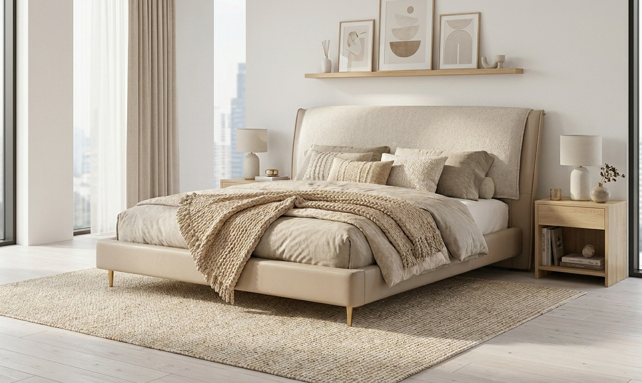 Cama Estofada 160x200 com Almofada Vista de Cima | Quarto Decorado Moderno | BeInside