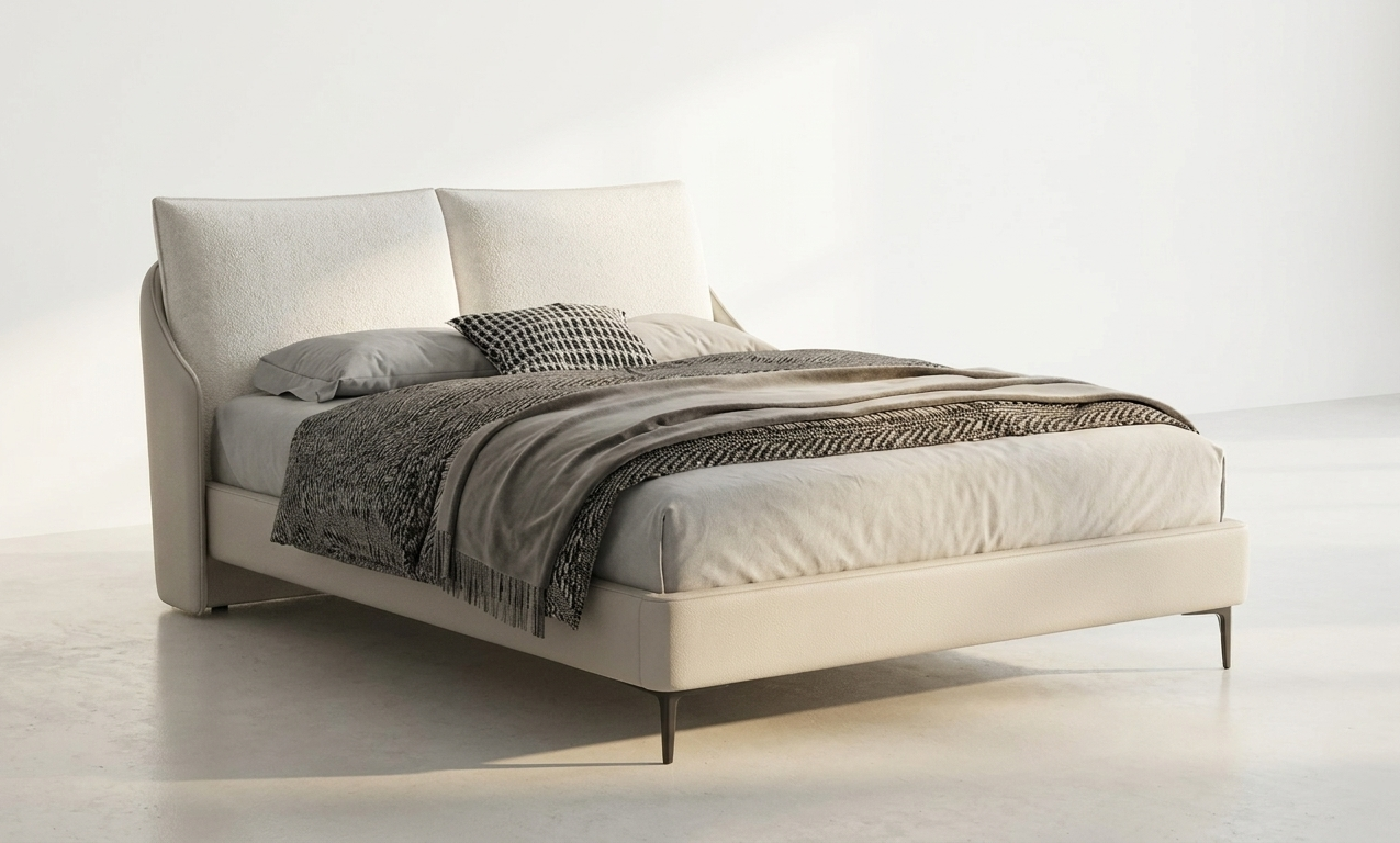 Cama Estofada Tecido e PVC 160x200 Pés Pretos | Cama Casal Design Contemporâneo Bimatéria | BeInside