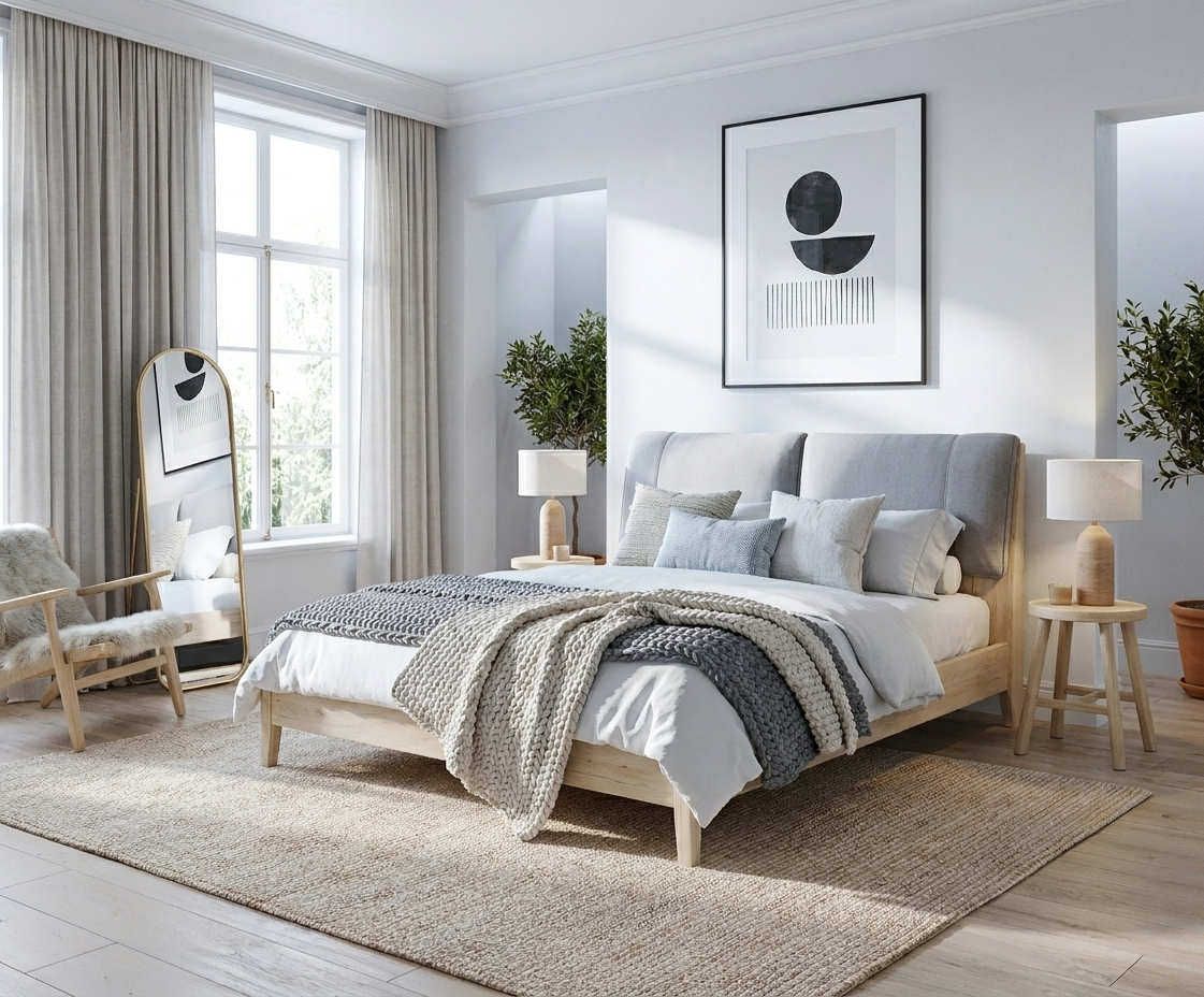 Cama CASTEL 160x190 Detalhe Cabeceira Madeira | Quarto Escandinavo Elegante | BeInside