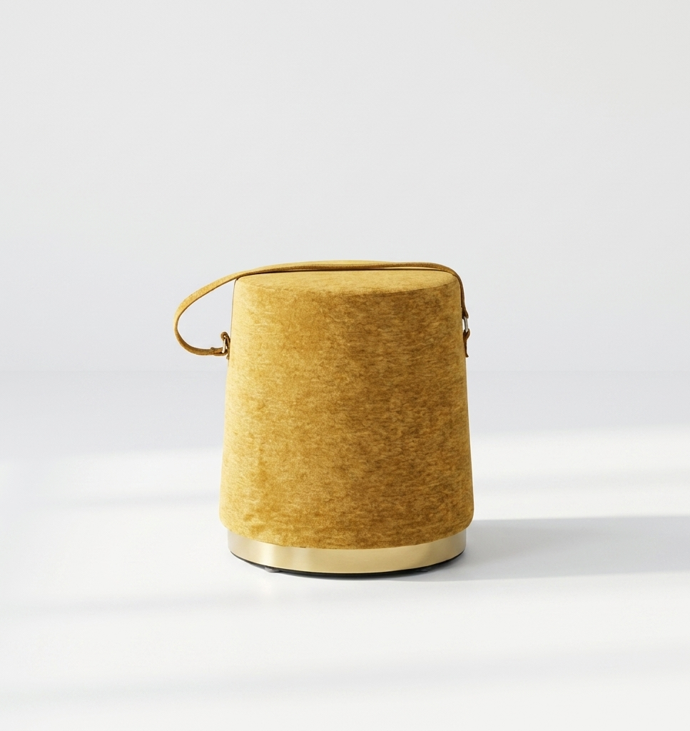 Puff Cilíndrico com Pega Base Dourada Veludo Mostarda | Acessório Decorativo Sala de Estar | BeInside