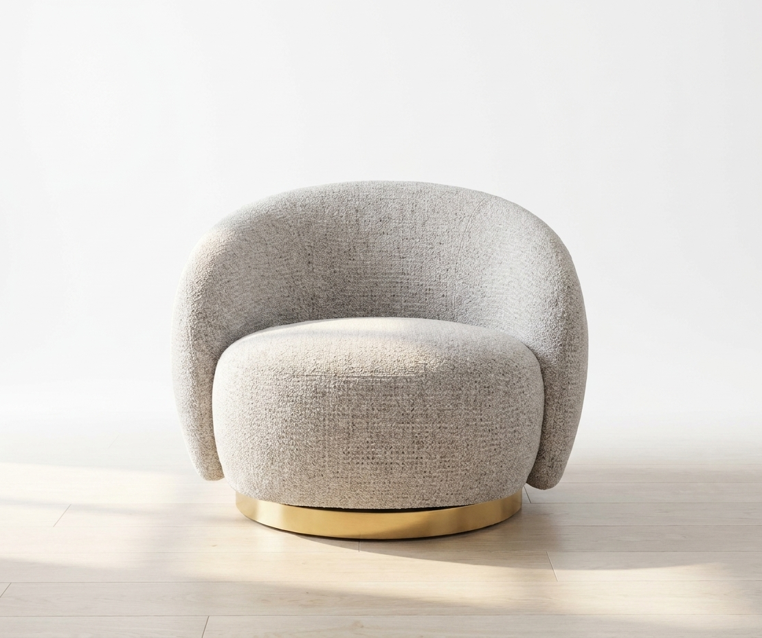 Poltrona Bouclé Cinza com Base Metálica Dourada | Cadeira Design Premium Sala de Estar | BeInside