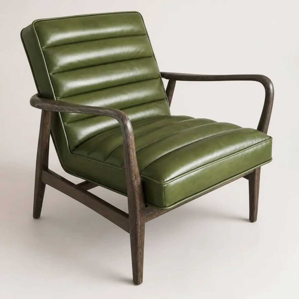 Cadeirão Estofado em Pele Verde Esmeralda com Estrutura de Madeira Escura | Poltrona Design Mid-Century | BeInside